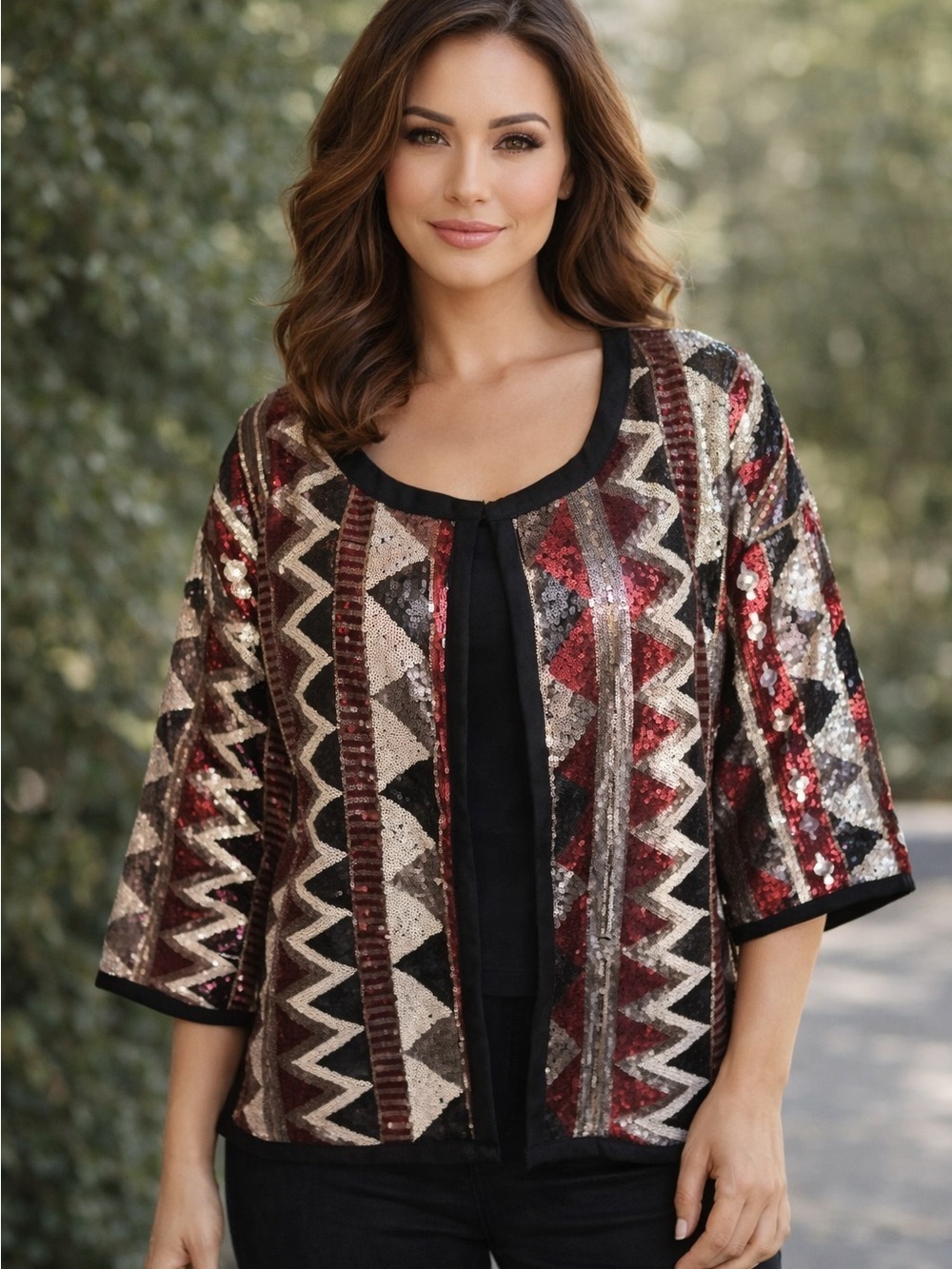 NWT Beulah Full Sequin Open Front Blazer Jacket Sz L Fleece Lined Geometric
